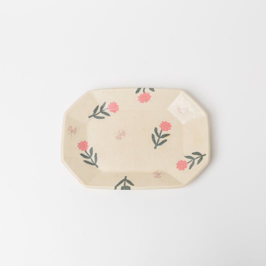 田中ちあき-花とチョウ八角皿・白