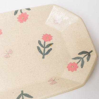 田中ちあき-花とチョウ八角皿・白