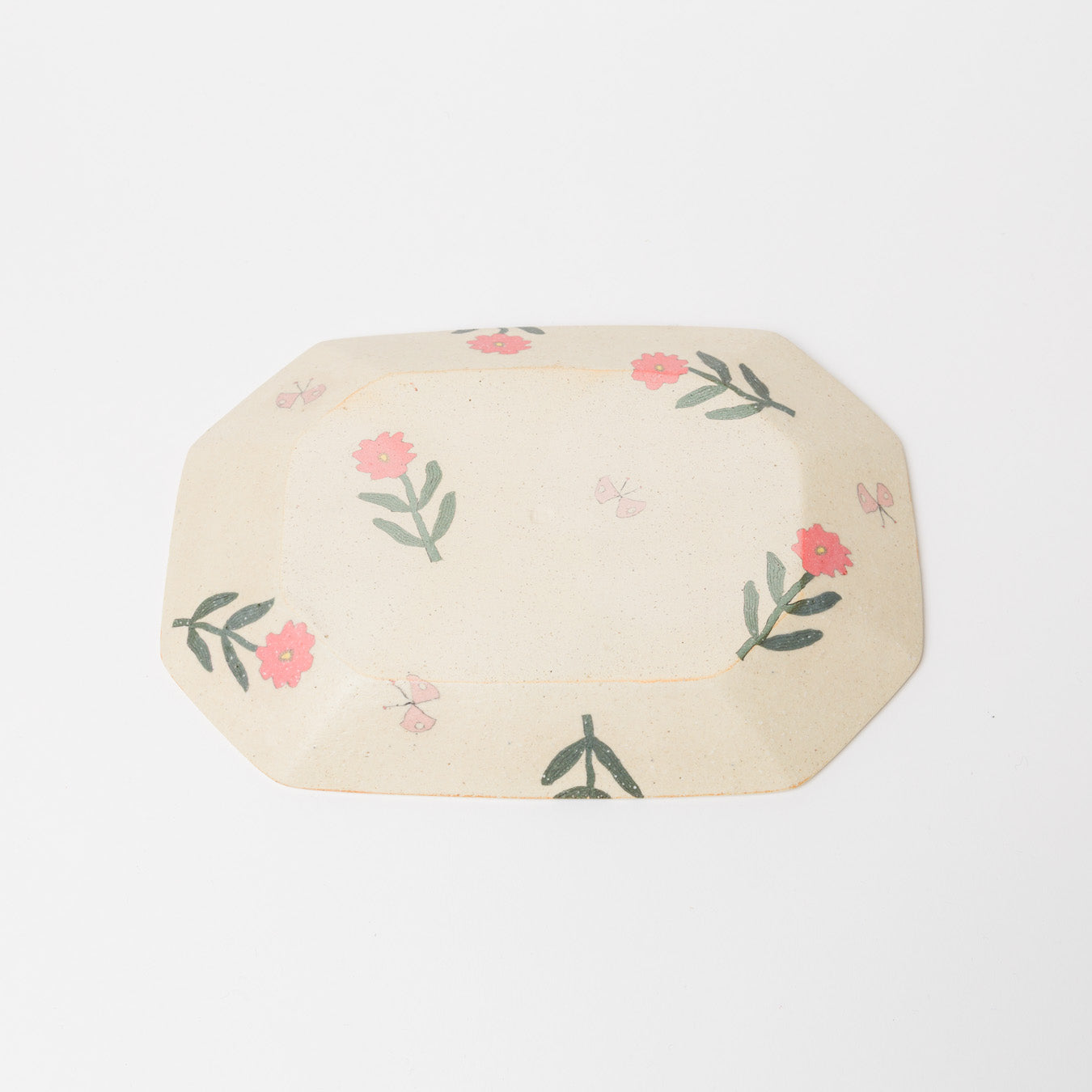 田中ちあき-花とチョウ八角皿・白